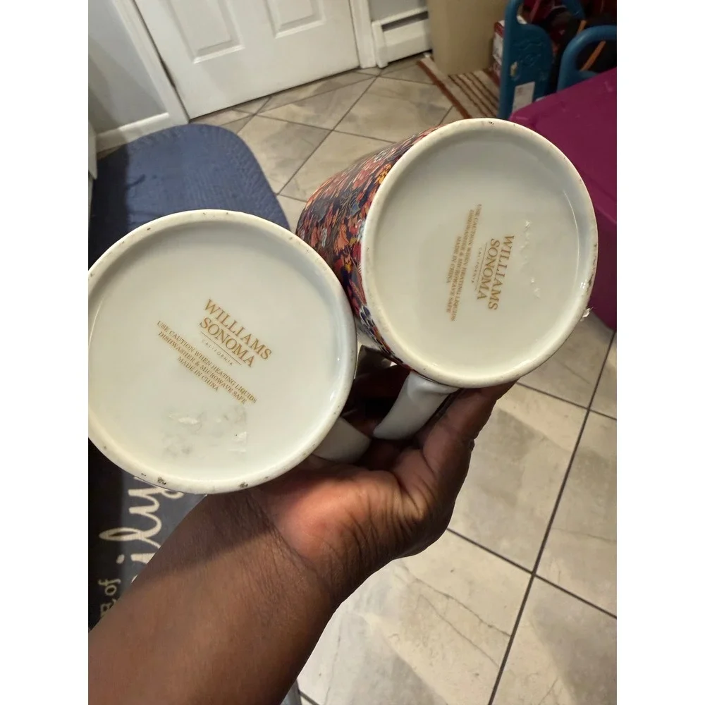 Williams Sonoma Floral Coffee Mugs Set of 2 Navy Orange Chintz Porcelain